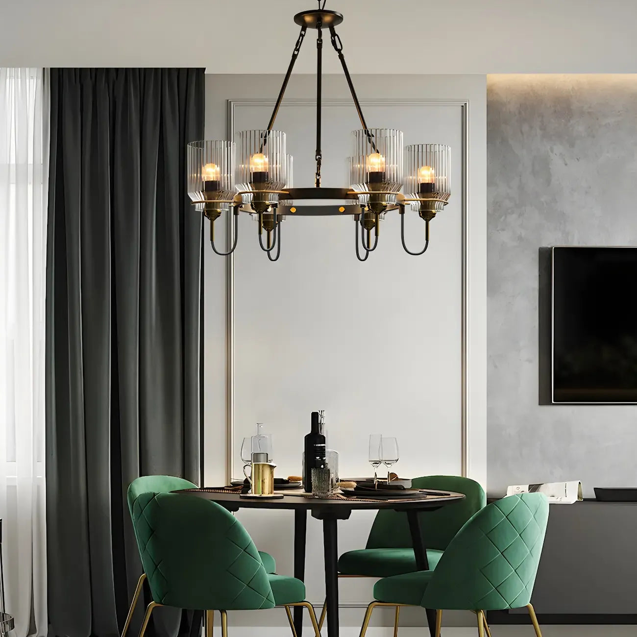 Modern Industrial Black Cylinder Glass Hoop Chandelier