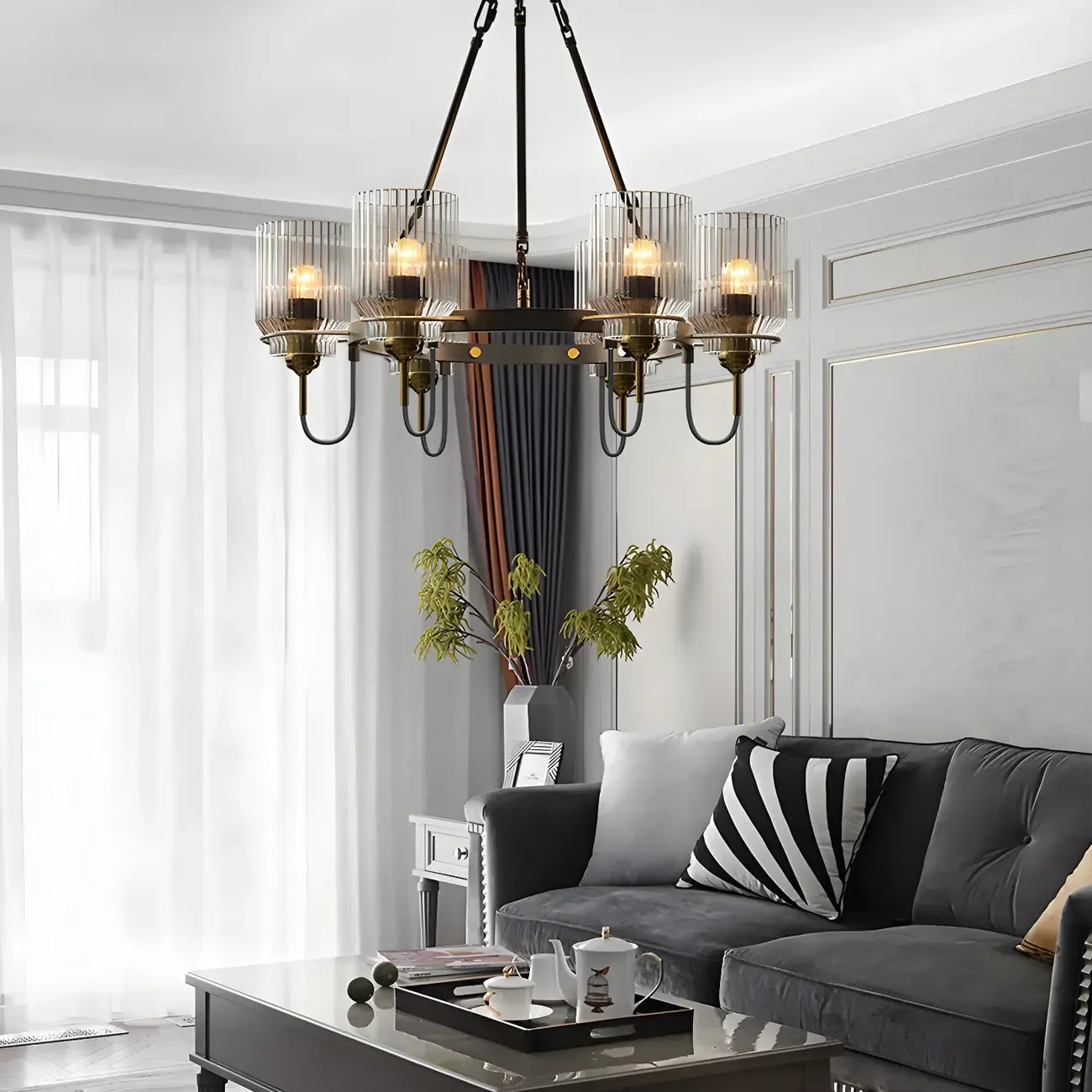 Modern Industrial Black Cylinder Glass Hoop Chandelier