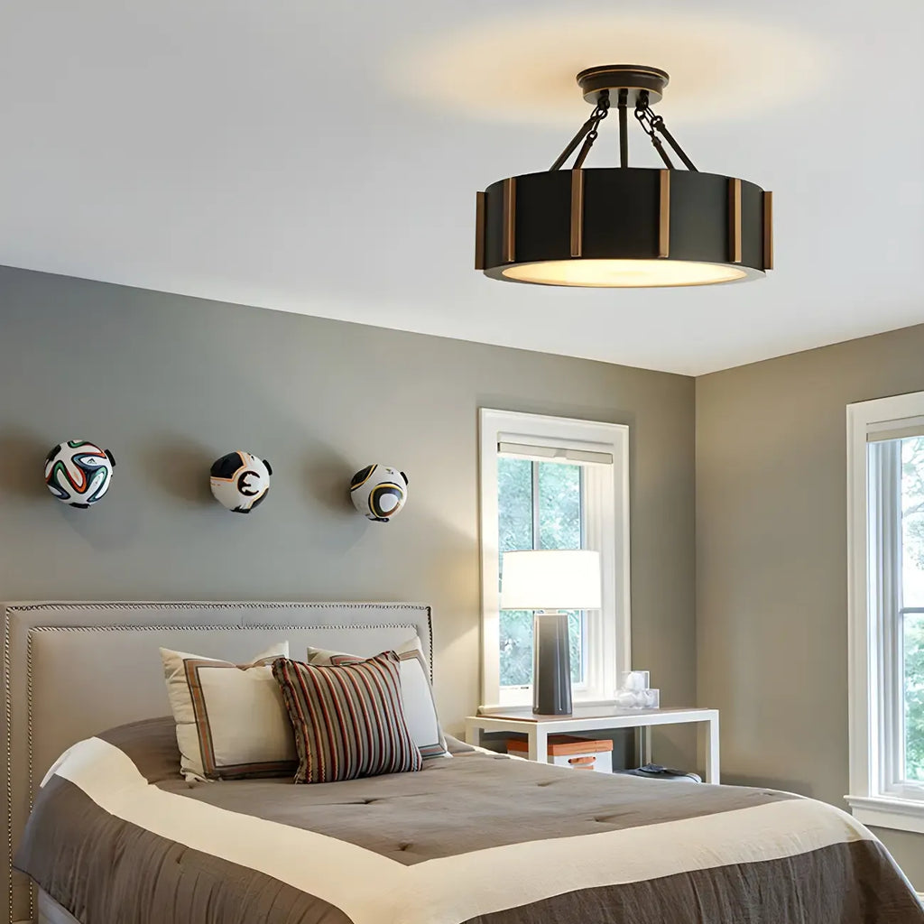 Rustic Round Metal LED Semi Flush Ceiling Light for Bedroom