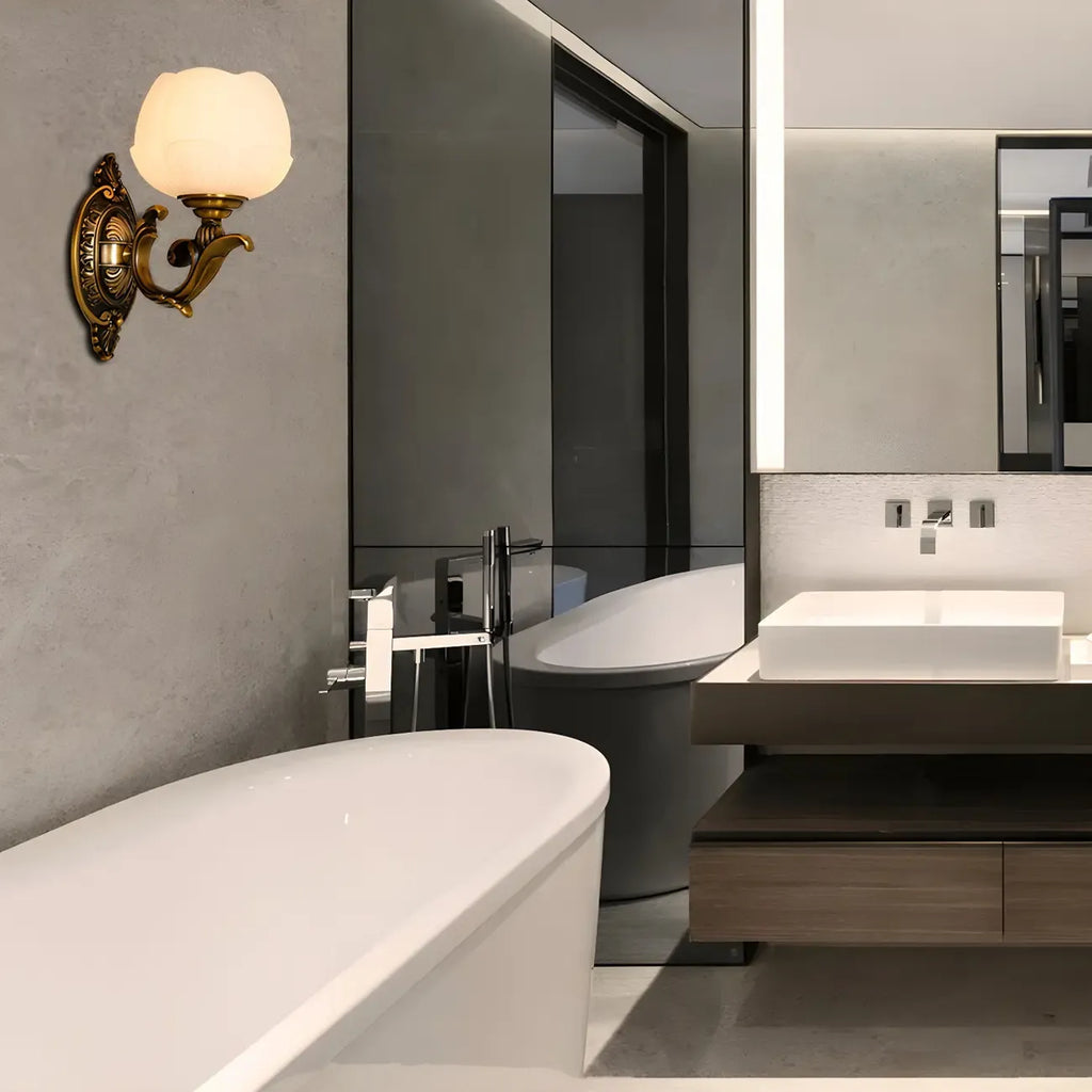 Vintage Brass Lotus Glass Shade Wall Sconce Light