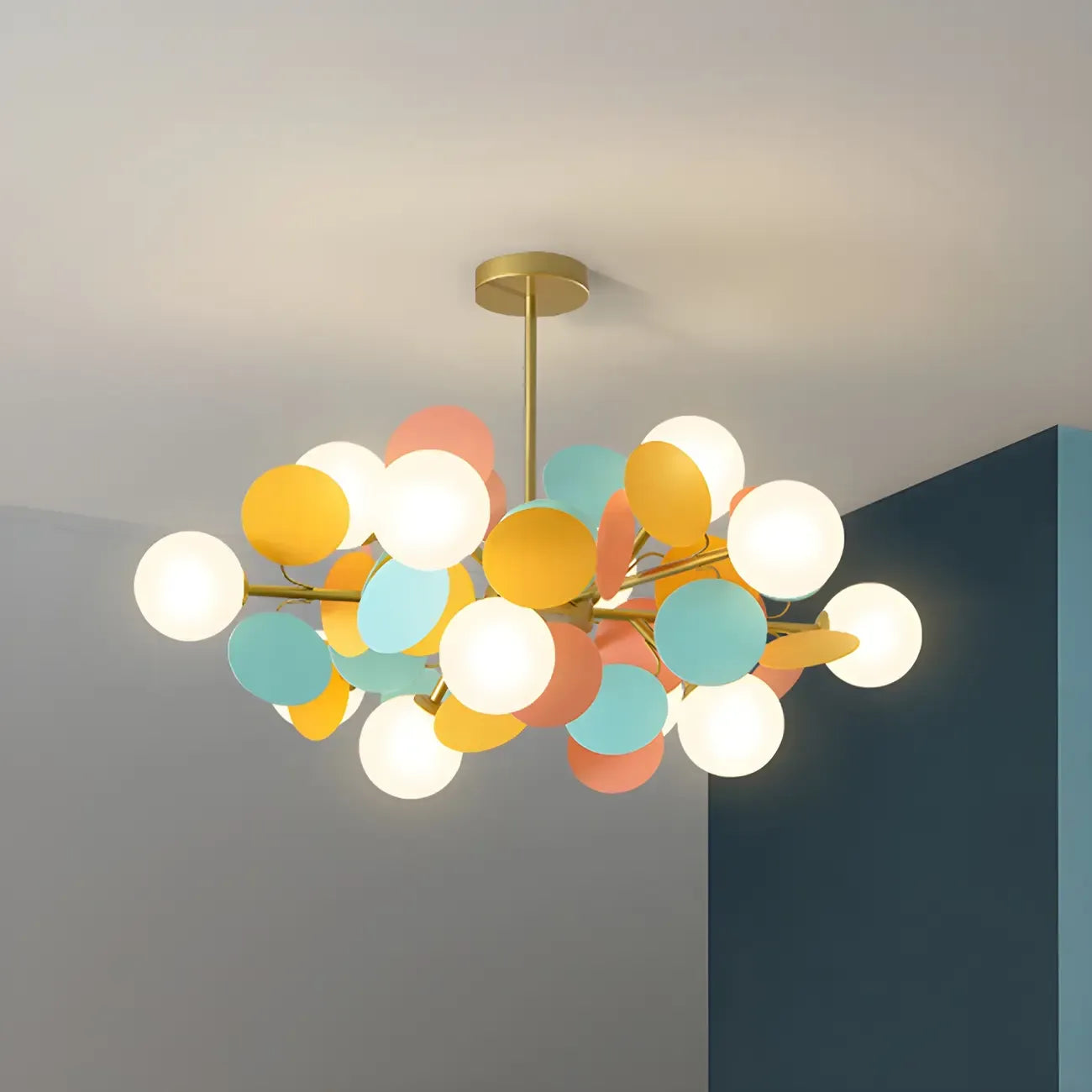 Pastel Sphere Glass and Metal Starburst Chandelier