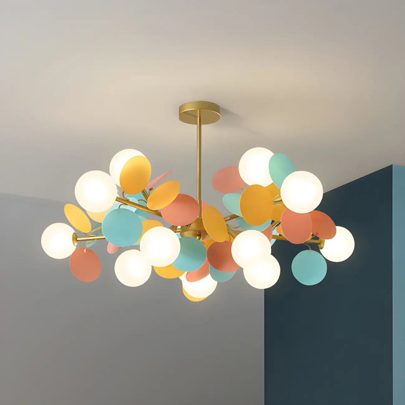 Pastel Sphere Glass and Metal Starburst Chandelier