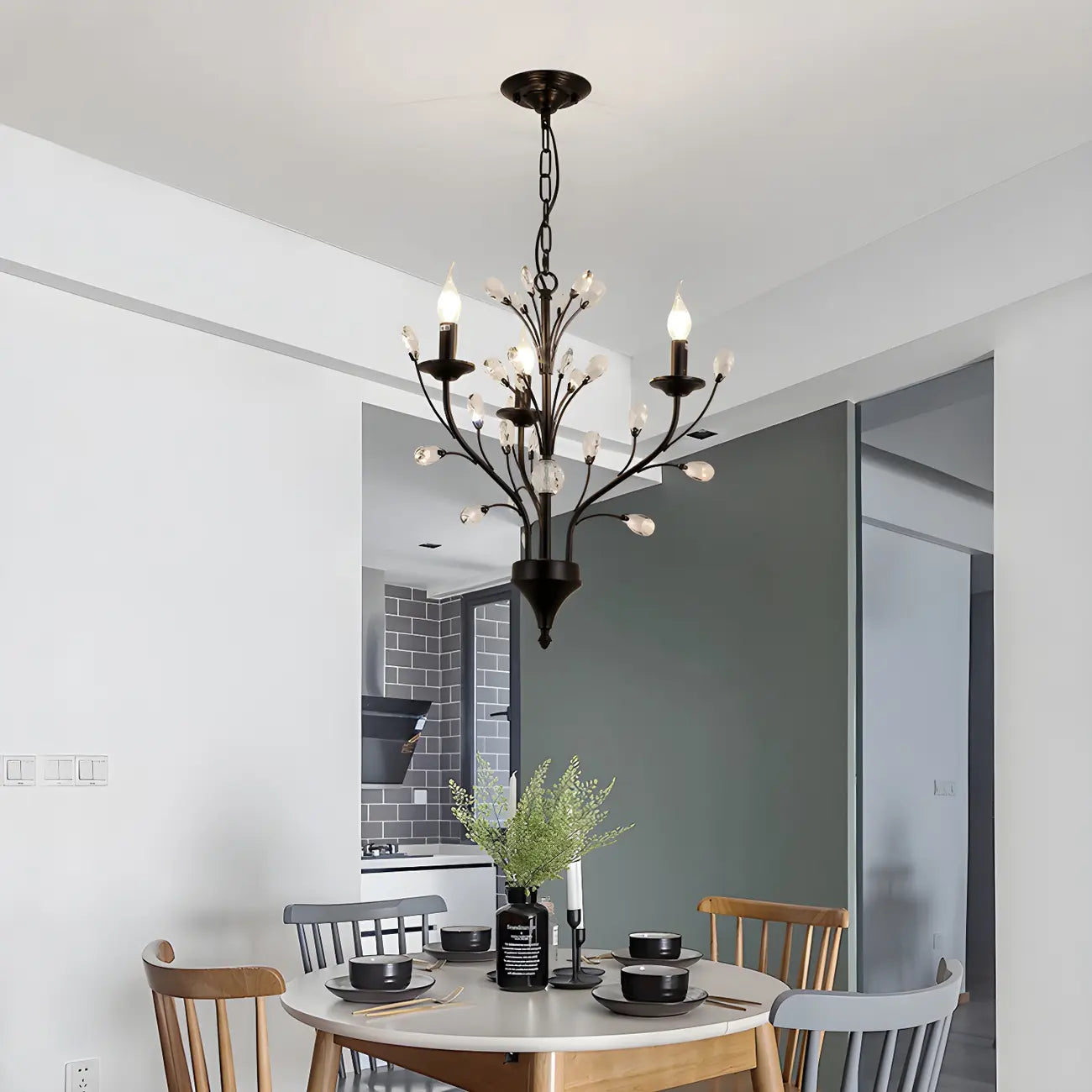 Modern Elegant Black Branch Crystal Candelabra Chandelier