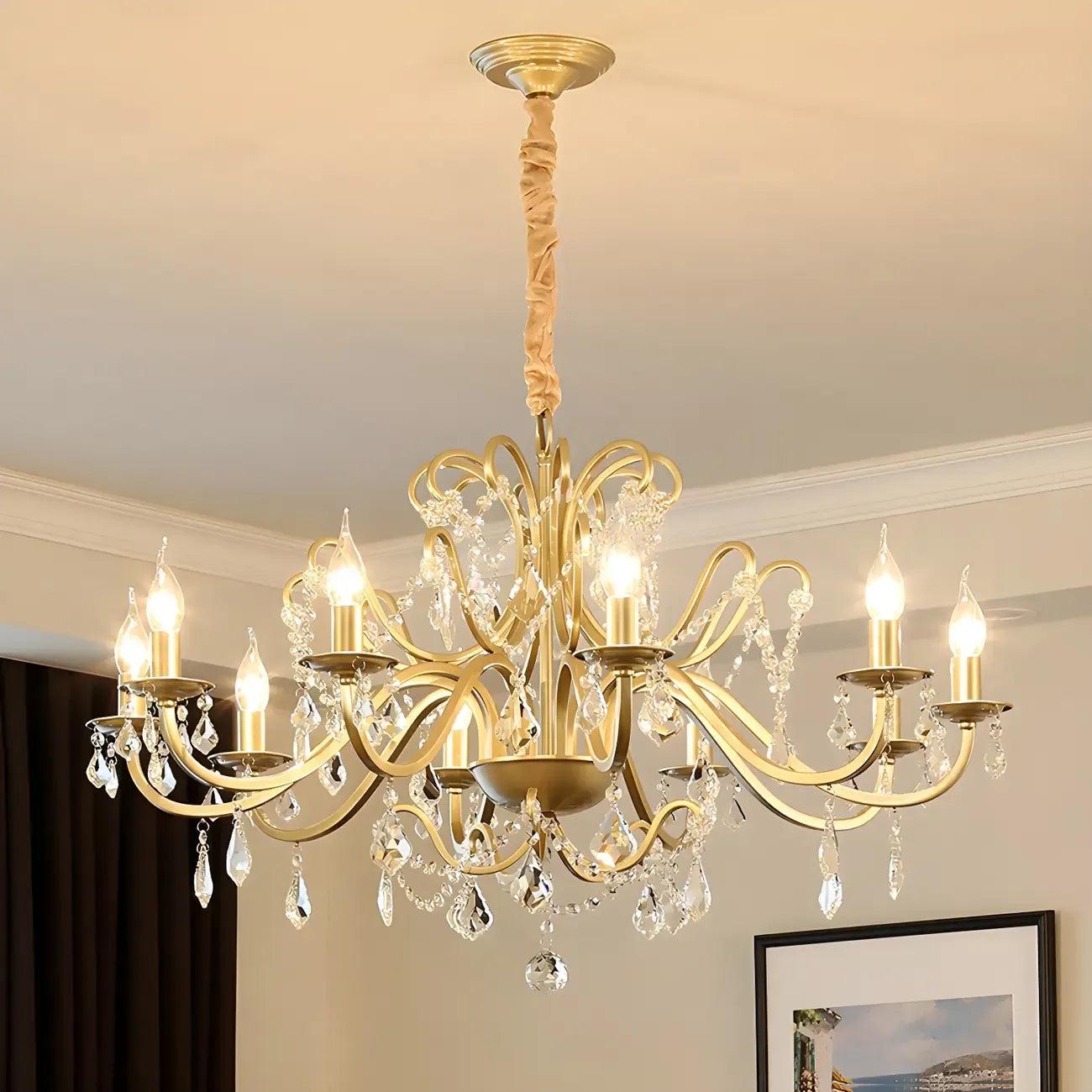 French Curved Arms Gold Crystal Candelabra Chandeliers