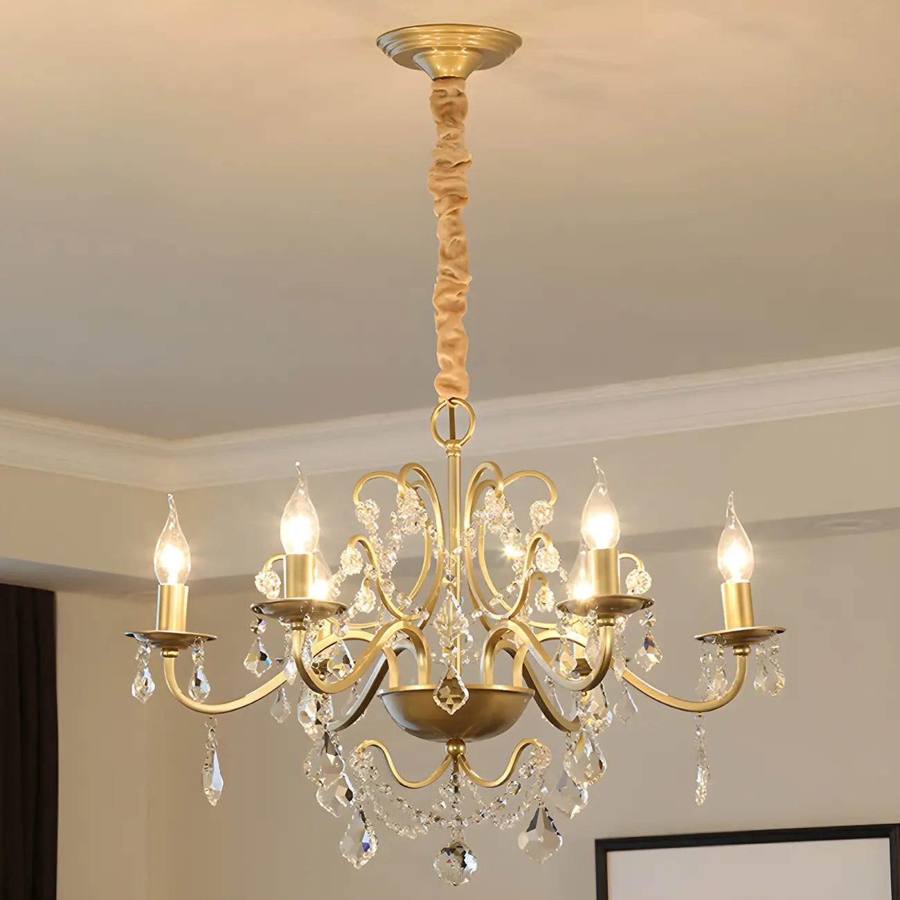 French Curved Arms Gold Crystal Candelabra Chandeliers