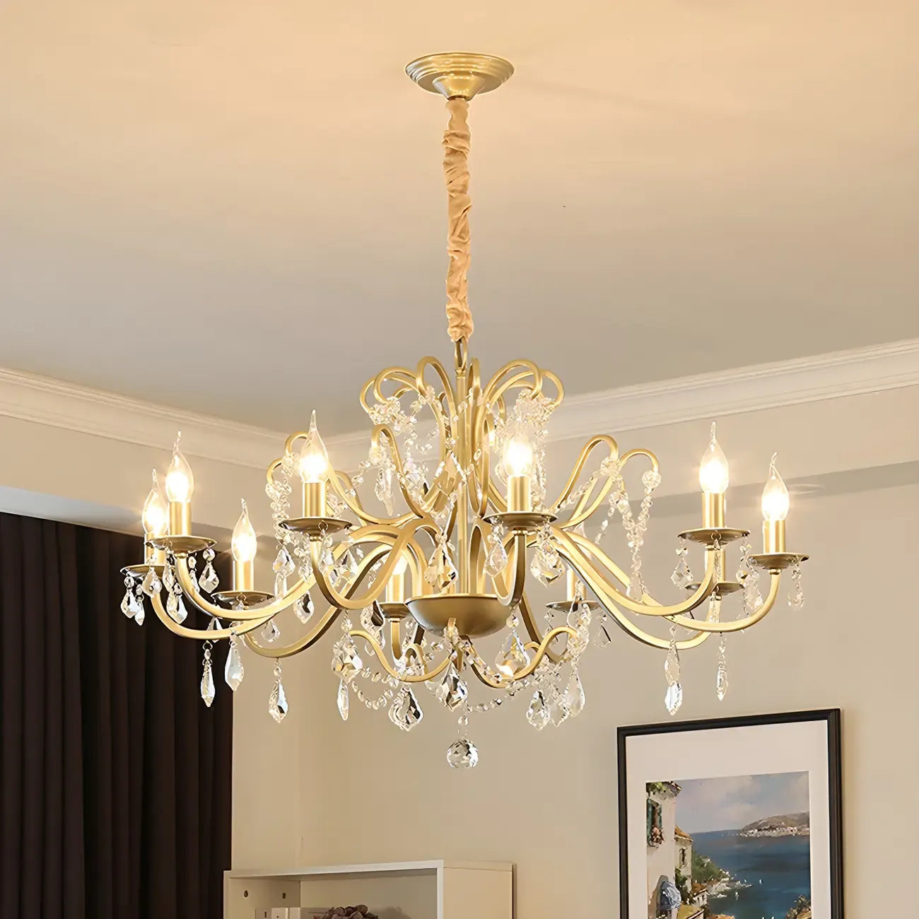 French Curved Arms Gold Crystal Candelabra Chandeliers