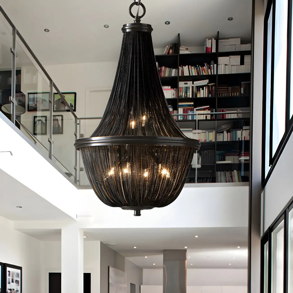 Rustic Large Black Beaded Basket Metal Chandelier