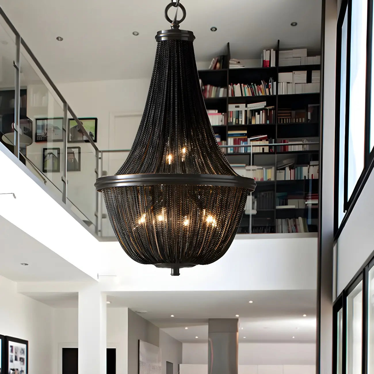 Rustic Large Black Beaded Basket Metal Chandelier