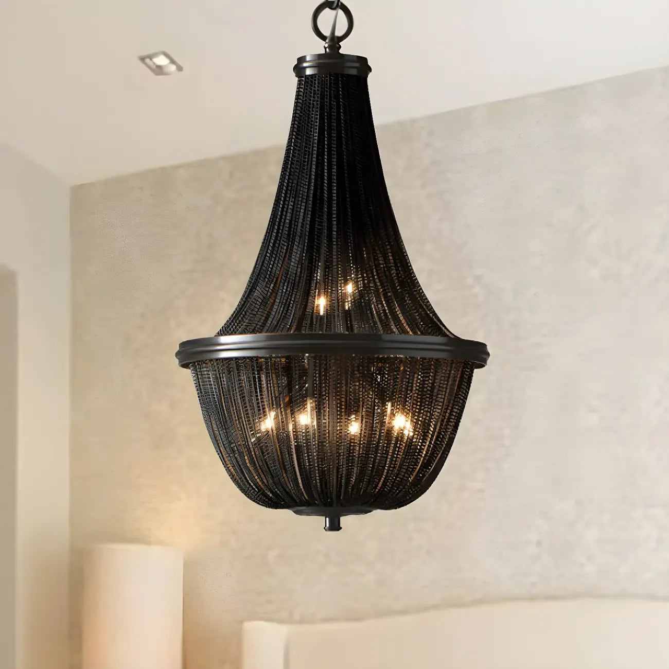 Rustic Large Black Beaded Basket Metal Chandelier