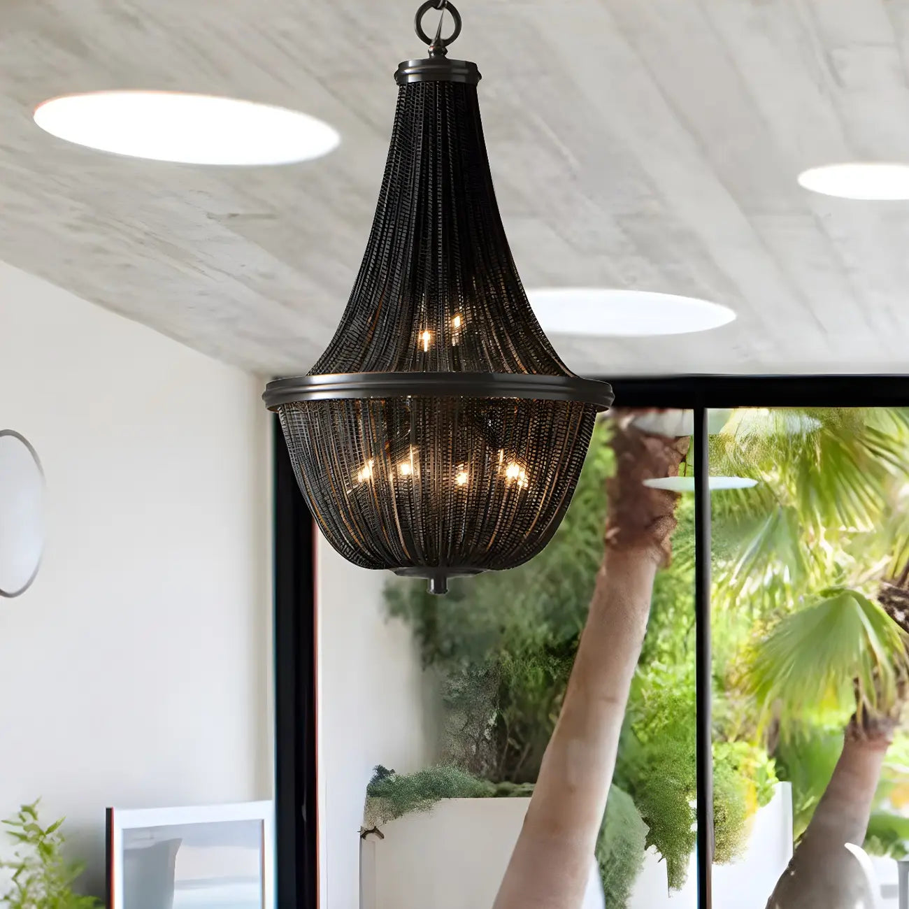 Rustic Large Black Beaded Basket Metal Chandelier