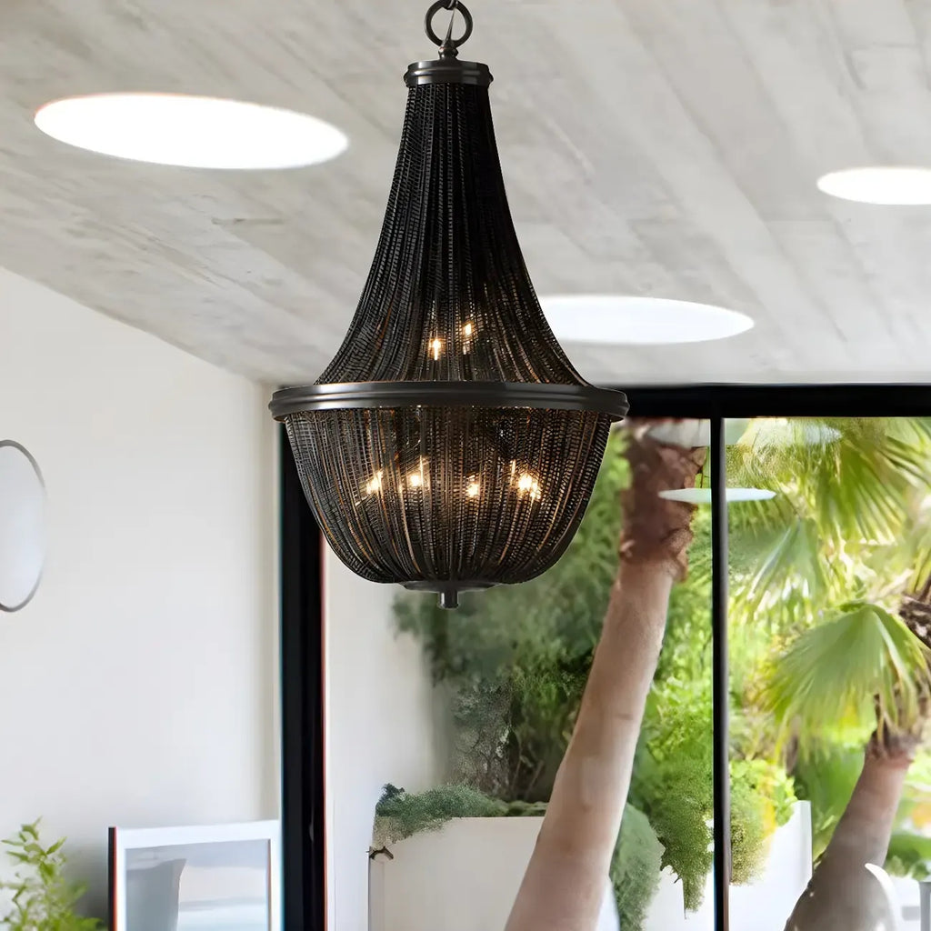 Rustic Large Black Beaded Basket Metal Chandelier