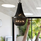 Rustic Large Black Beaded Basket Metal Chandelier