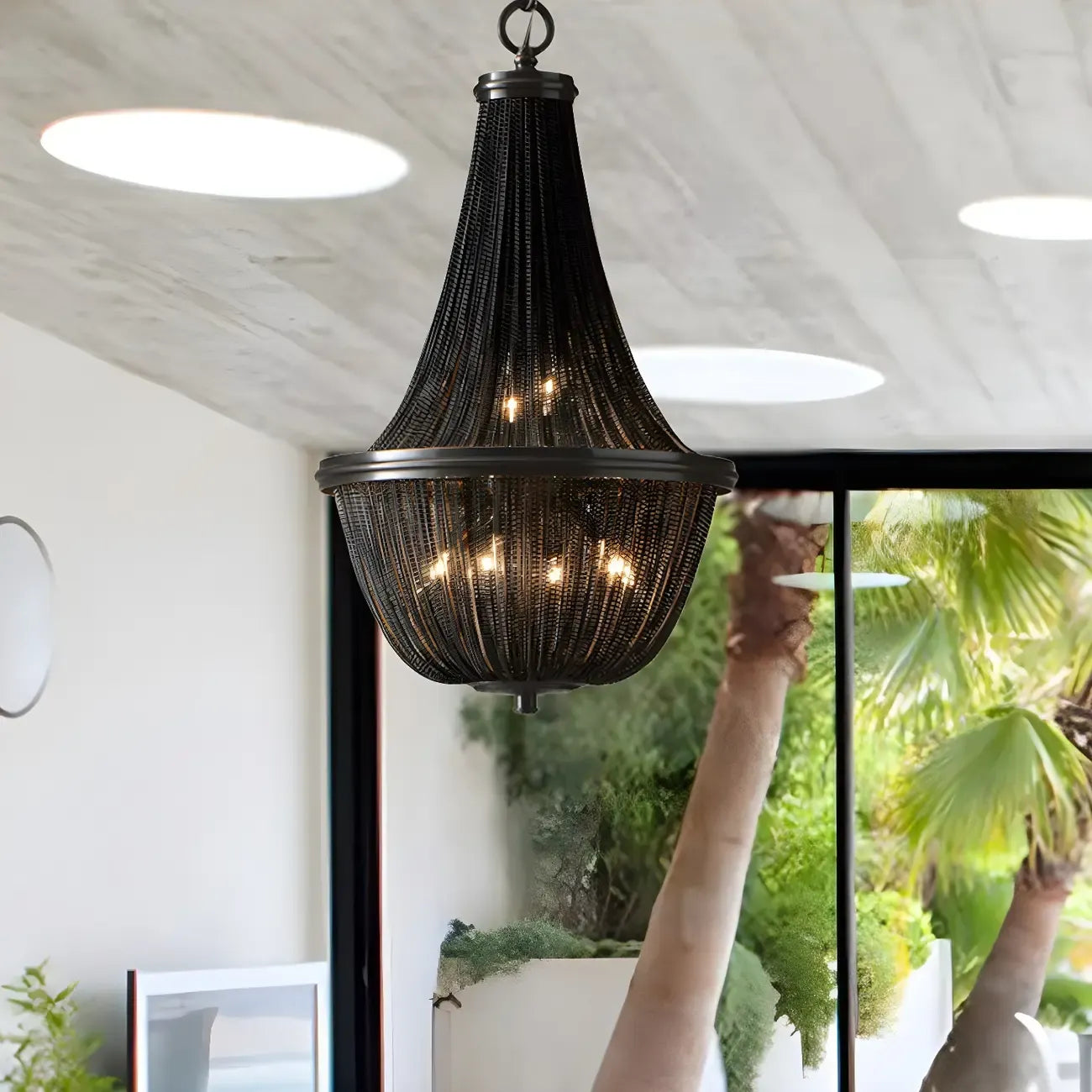 Rustic Large Black Beaded Basket Metal Chandelier