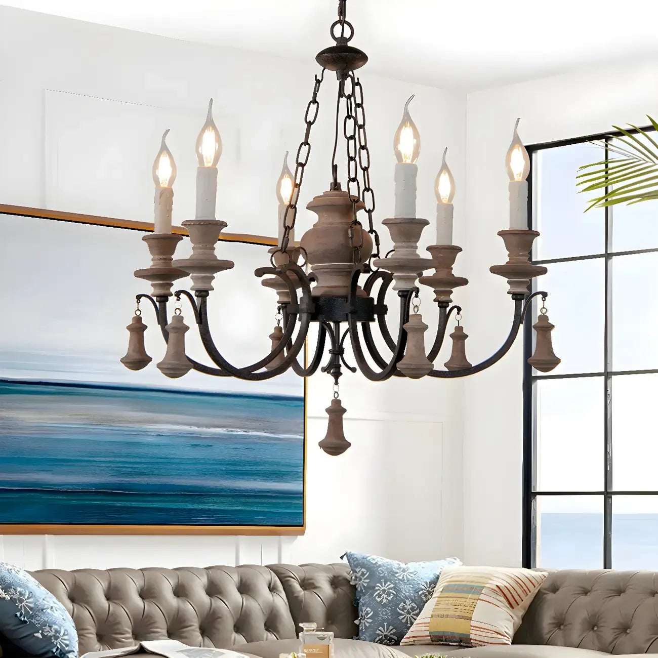 Rustic Farmhouse Brown Wood 6-Light Candelabra Chandelier