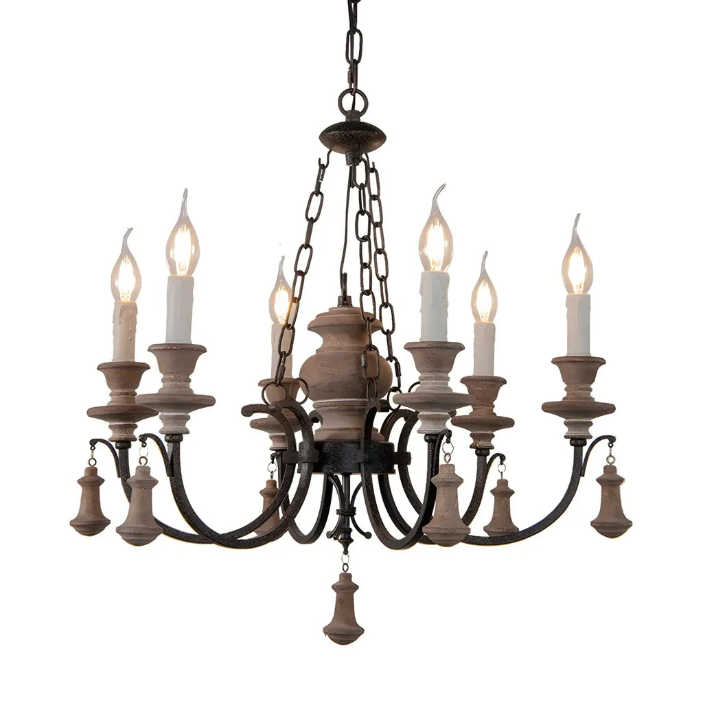 Rustic Farmhouse Brown Wood 6-Light Candelabra Chandelier