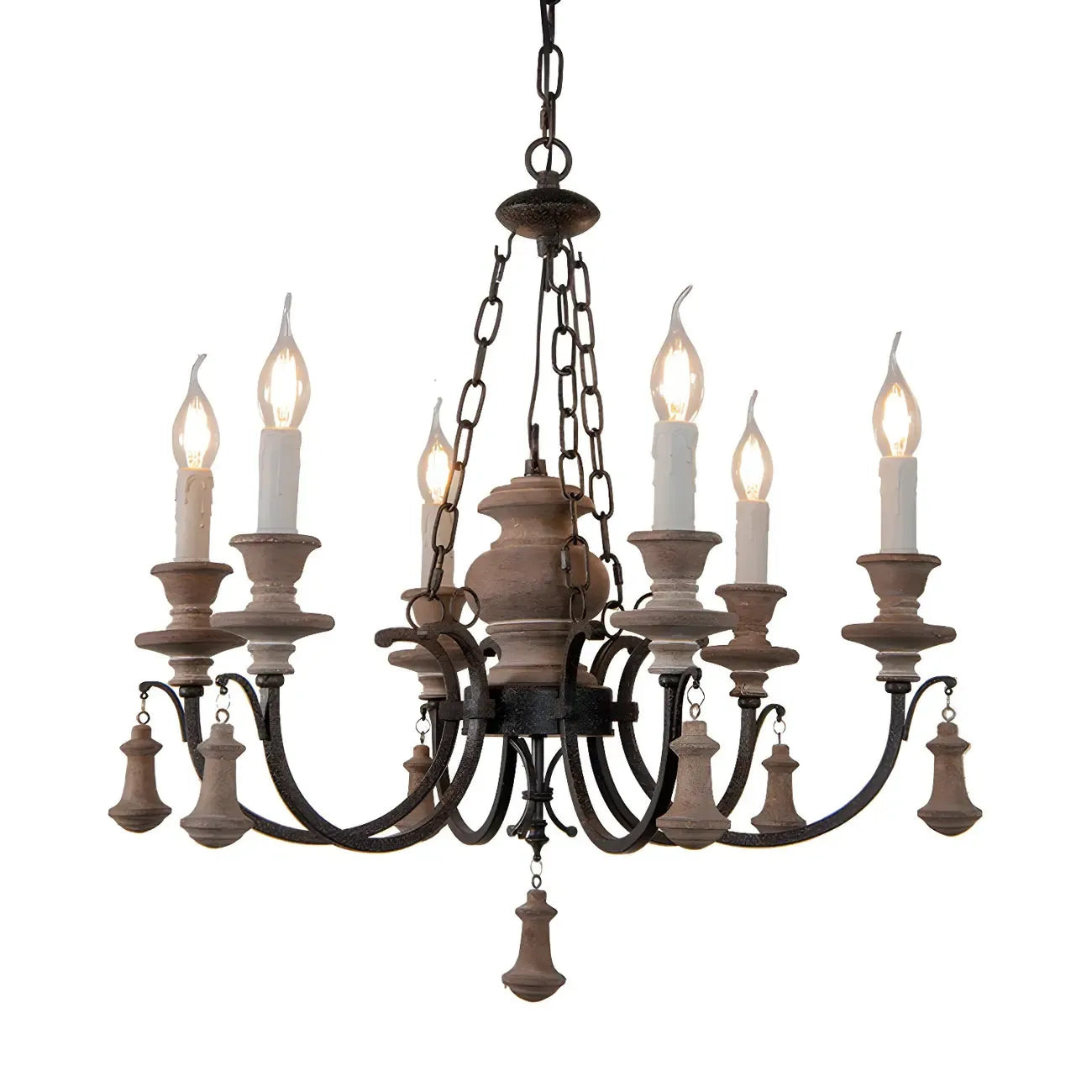 Rustic Farmhouse Brown Wood 6-Light Candelabra Chandelier