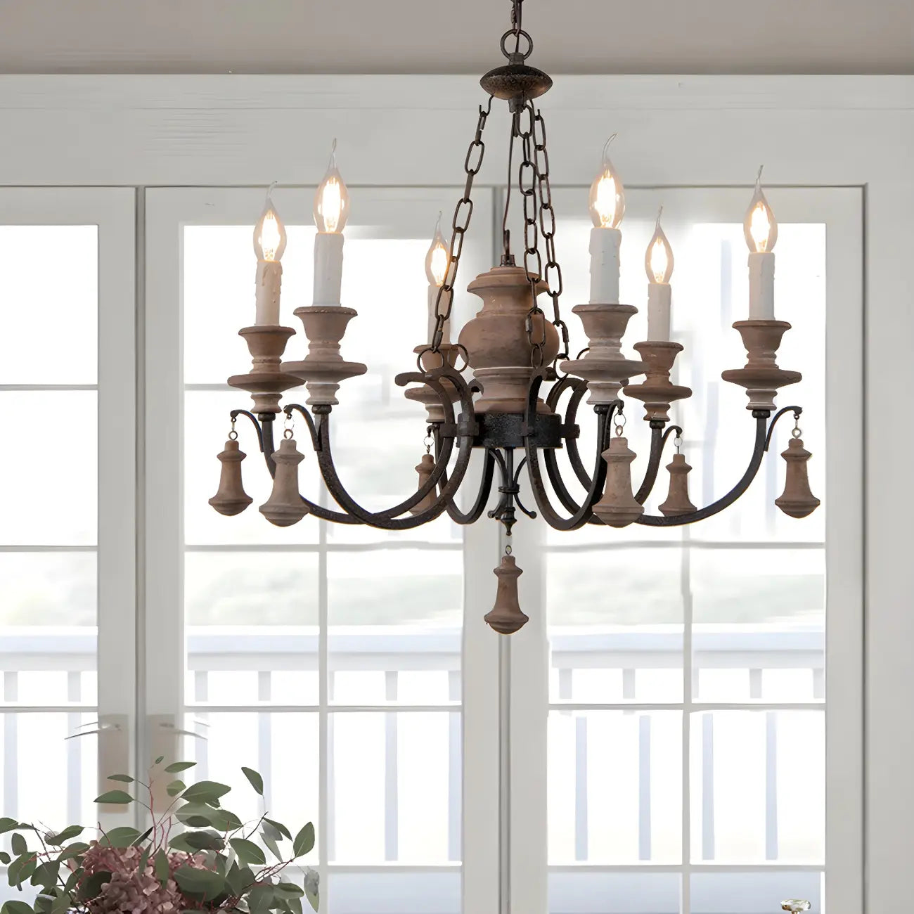Rustic Farmhouse Brown Wood 6-Light Candelabra Chandelier