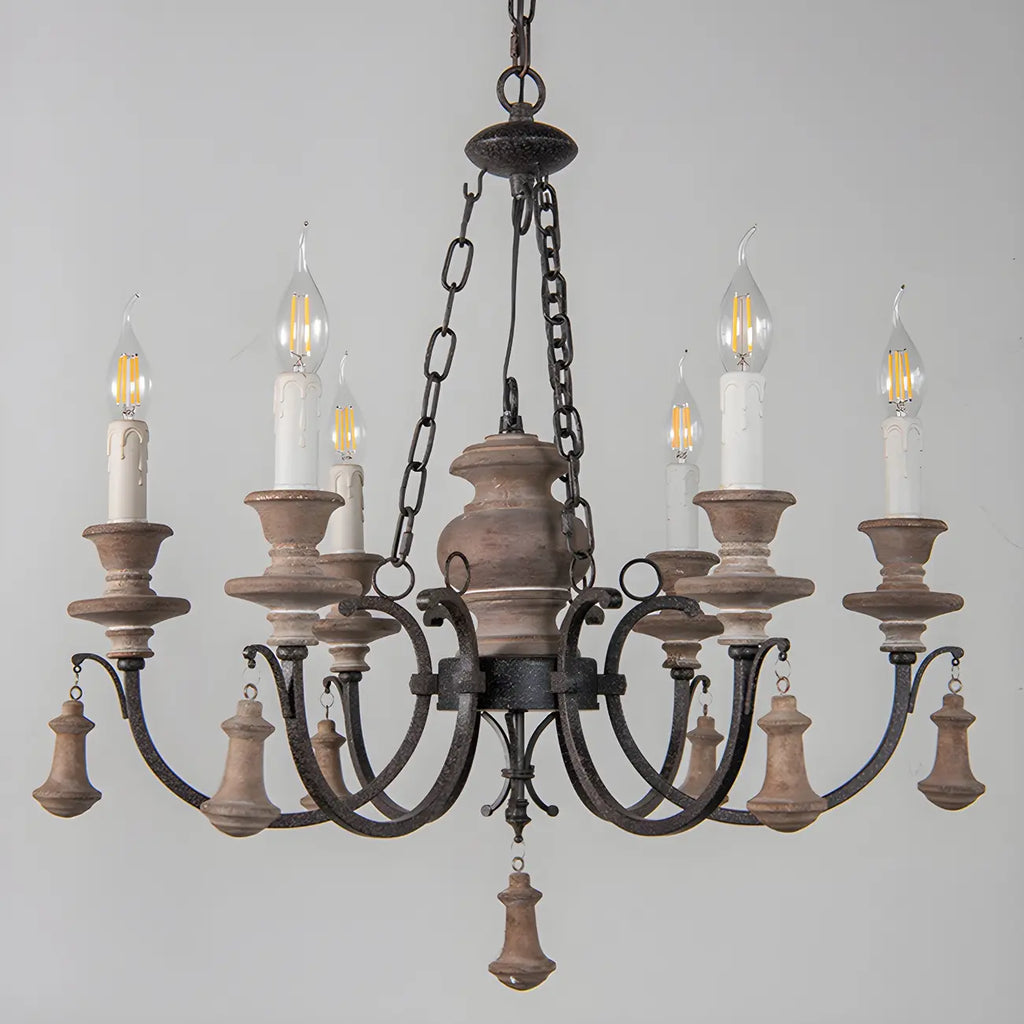 Rustic Farmhouse Brown Wood 6-Light Candelabra Chandelier
