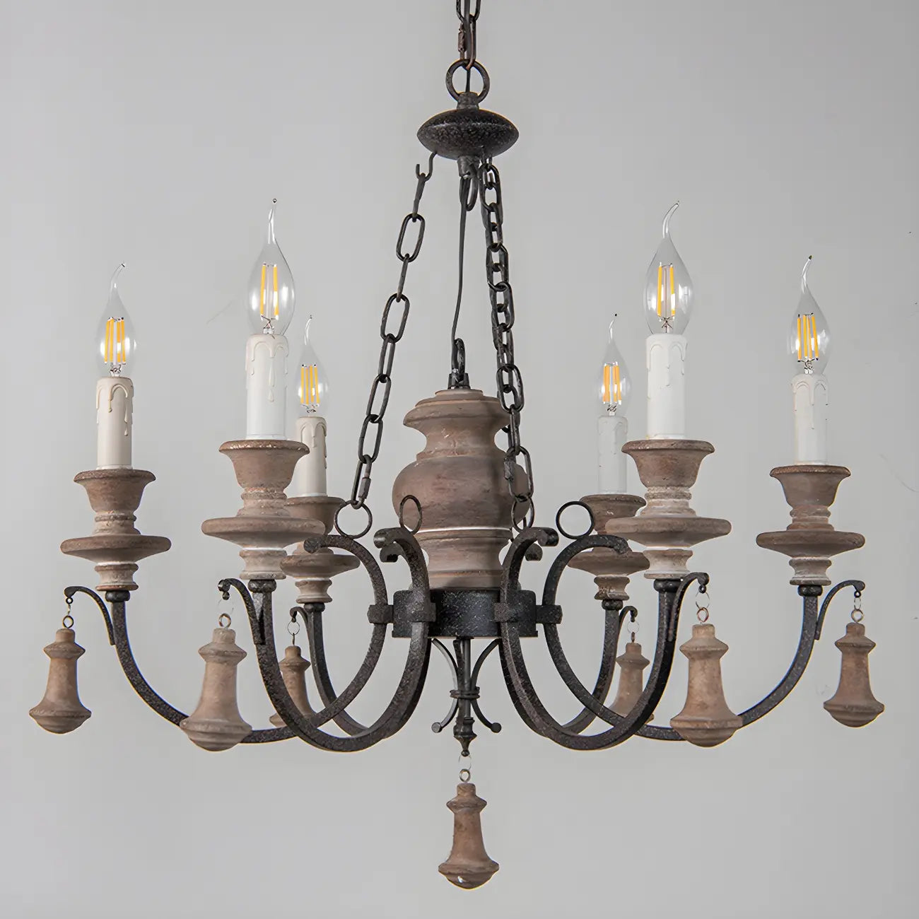 Rustic Farmhouse Brown Wood 6-Light Candelabra Chandelier