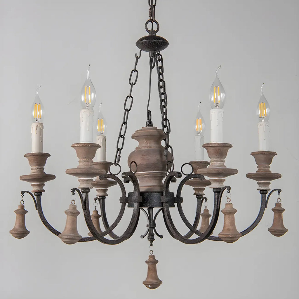 Rustic Farmhouse Brown Wood 6-Light Candelabra Chandelier