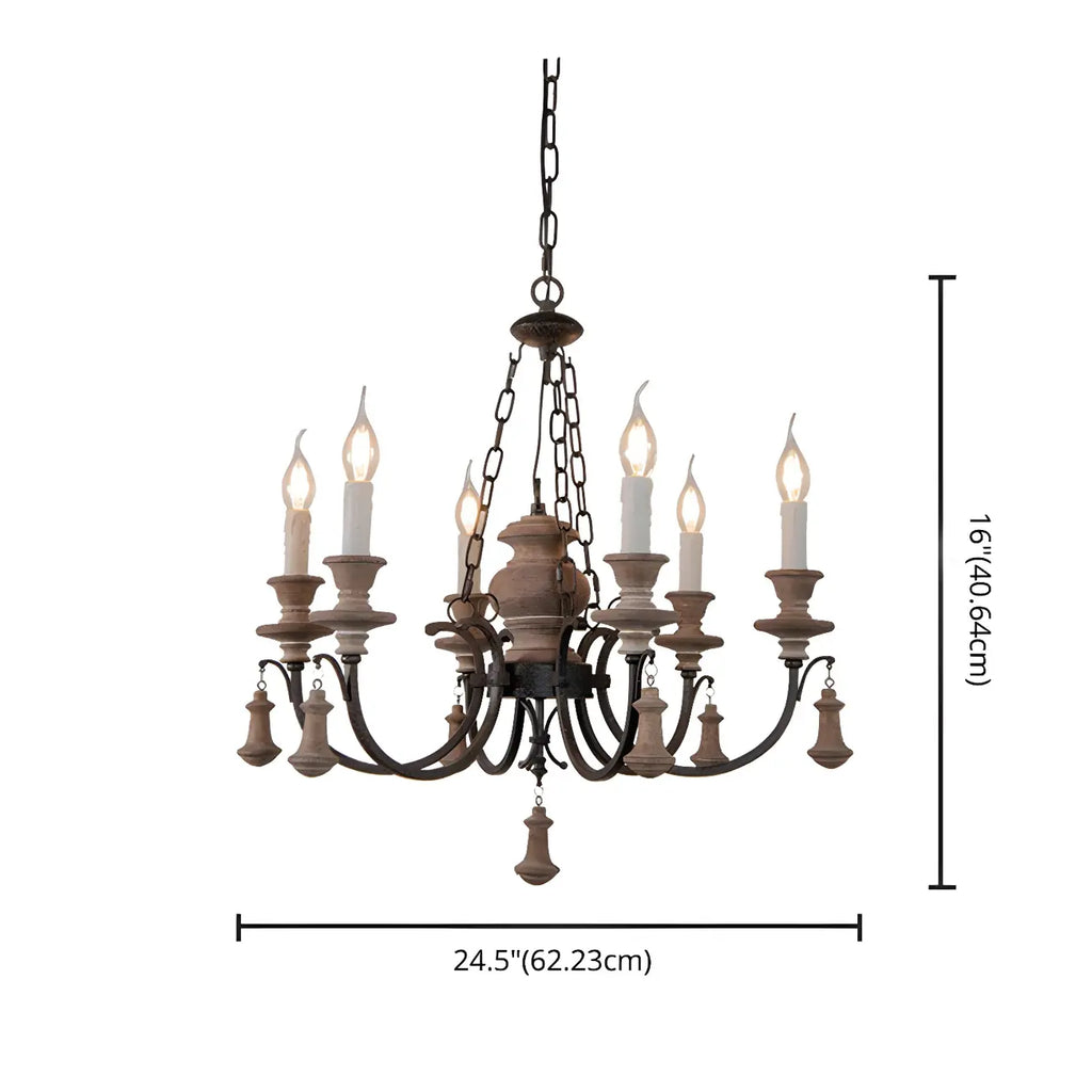 Rustic Farmhouse Brown Wood 6-Light Candelabra Chandelier