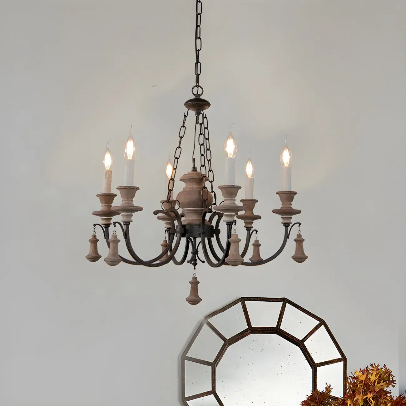 Rustic Farmhouse Brown Wood 6-Light Candelabra Chandelier