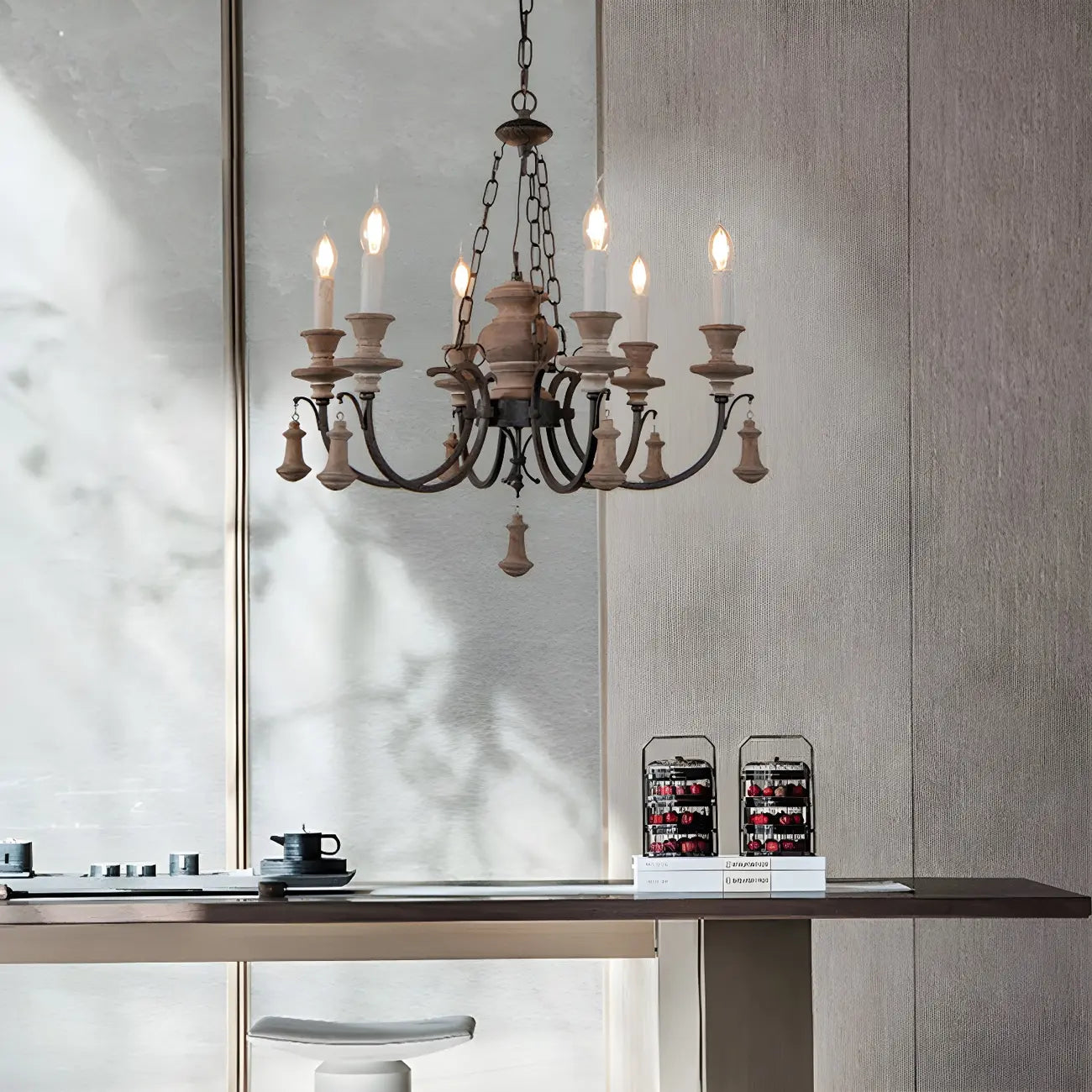 Rustic Farmhouse Brown Wood 6-Light Candelabra Chandelier