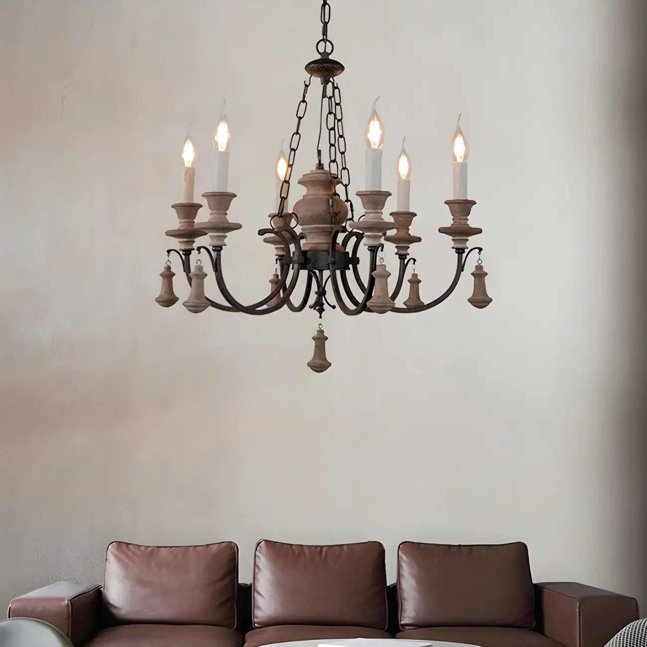 Rustic Farmhouse Brown Wood 6-Light Candelabra Chandelier
