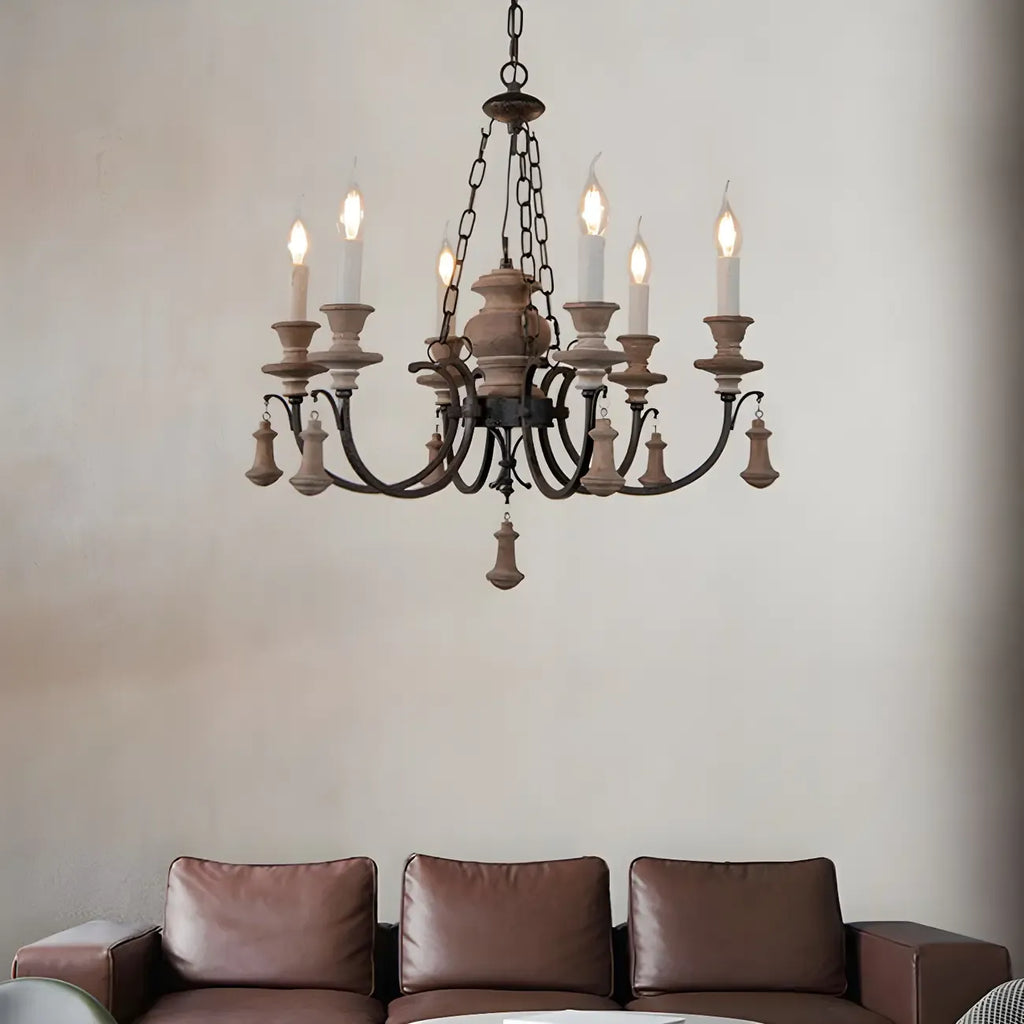 Rustic Farmhouse Brown Wood 6-Light Candelabra Chandelier