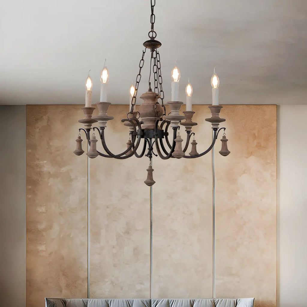 Rustic Farmhouse Brown Wood 6-Light Candelabra Chandelier