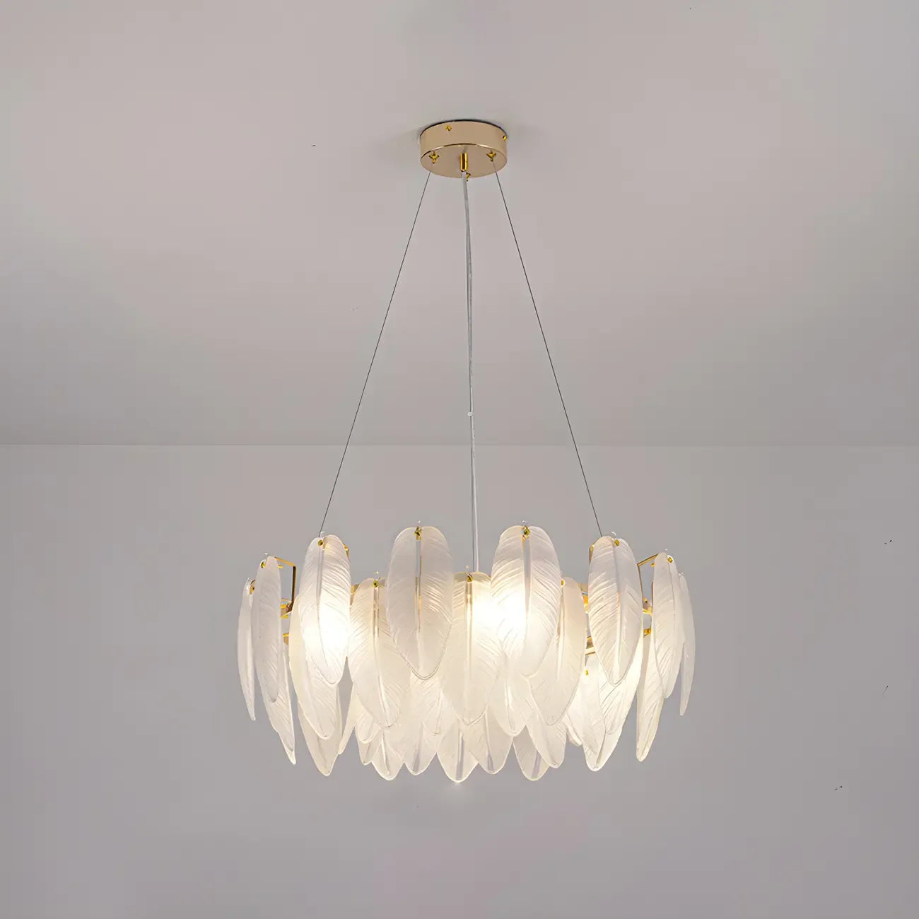 Elegant White Glass Feather Round Chandelier