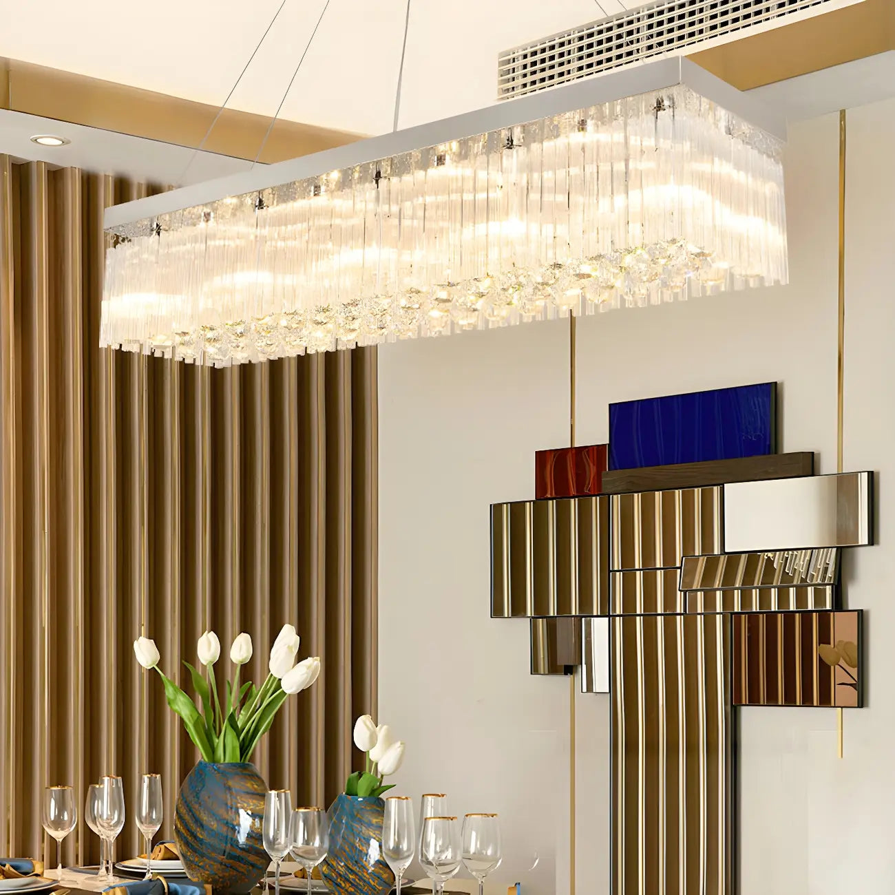 Modern Silver Crystal Rectangle Island Chandelier
