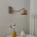 Brown Wood Shade Brass Metal Swing Arm Wall Light