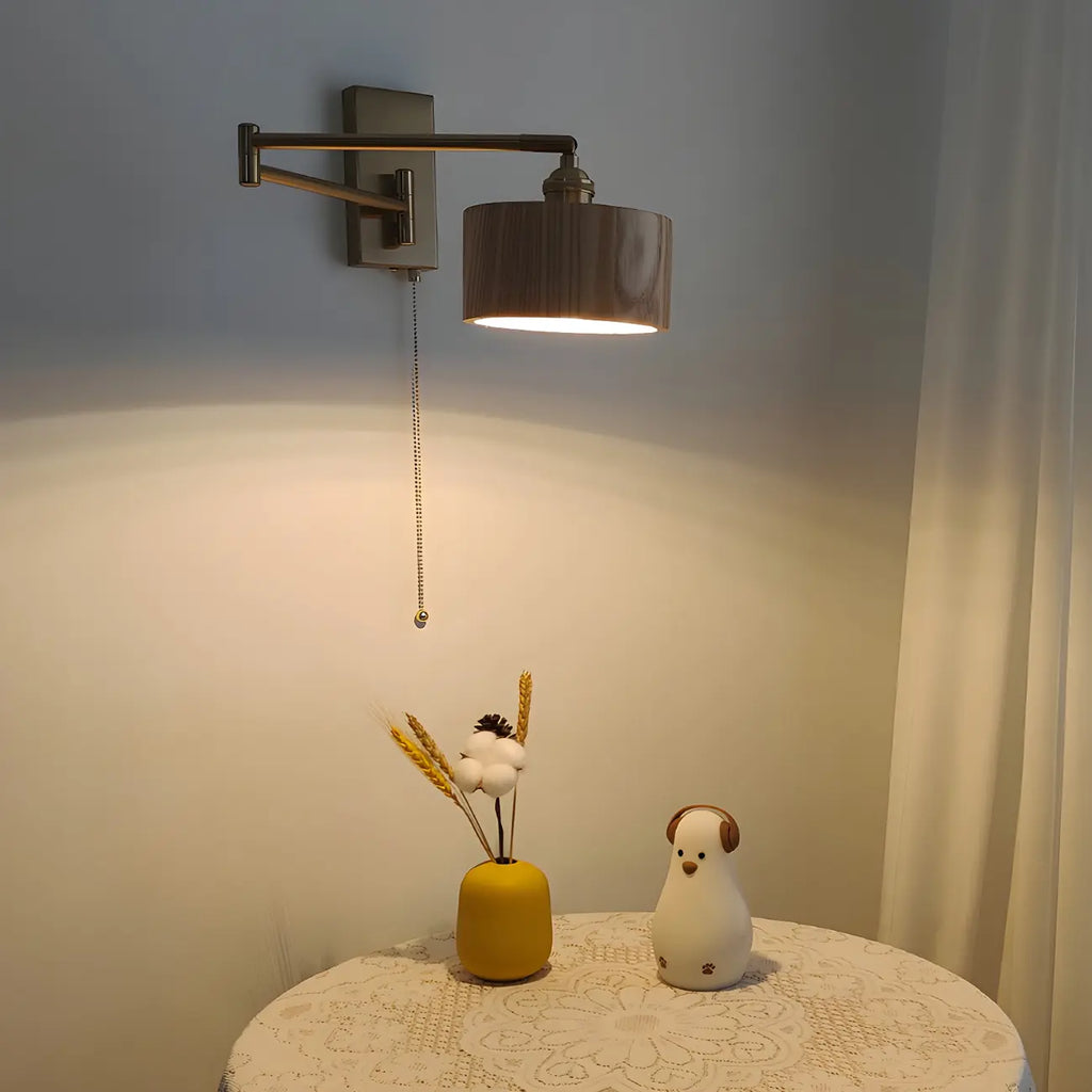 Brown Wood Shade Brass Metal Swing Arm Wall Light