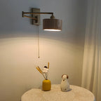 Brown Wood Shade Brass Metal Swing Arm Wall Light