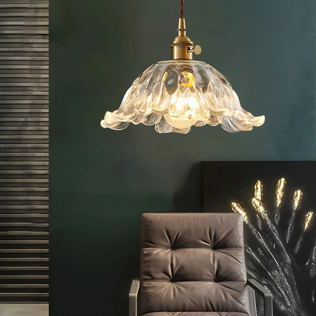 Art Deco Vintage Flower Glass Brass Hanging Pendant Light