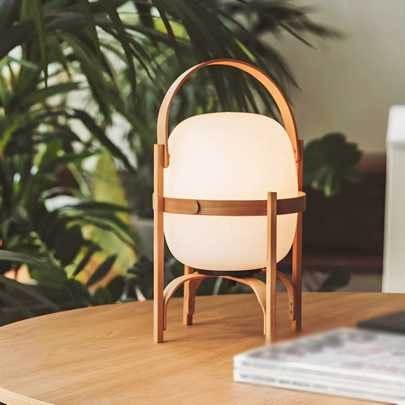 Geometric Plug In Wood Frame LED Table Lamp for Bedroom