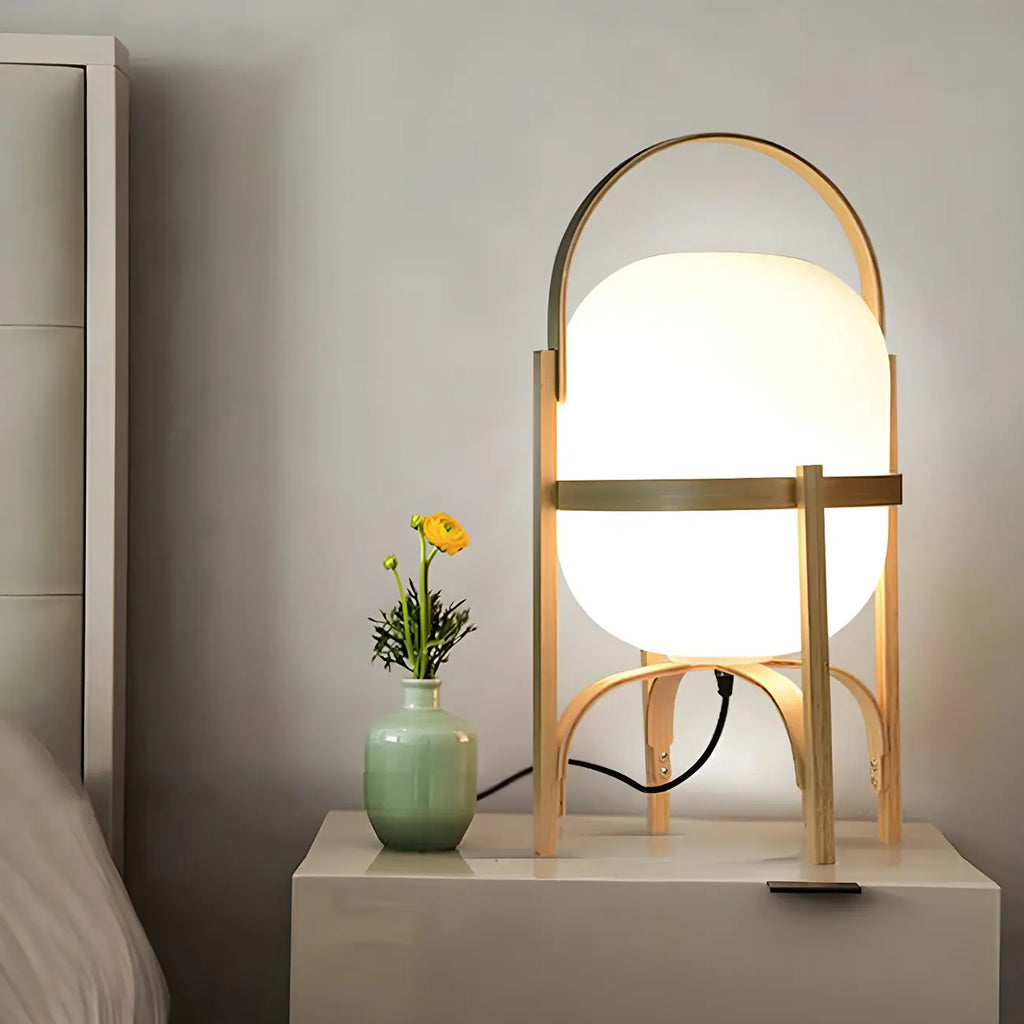 Geometric Plug In Wood Frame LED Table Lamp for Bedroom