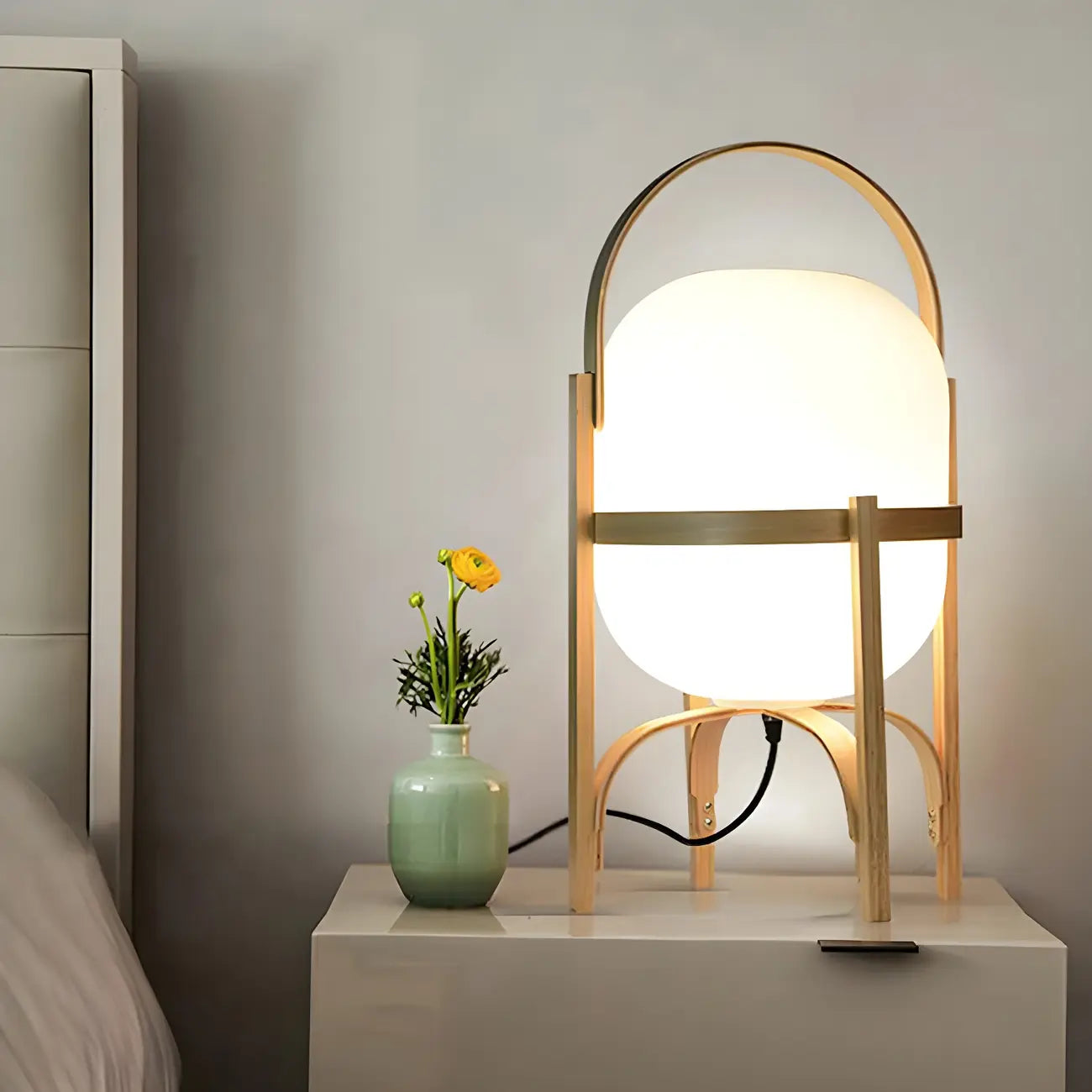 Geometric Plug In Wood Frame LED Table Lamp for Bedroom