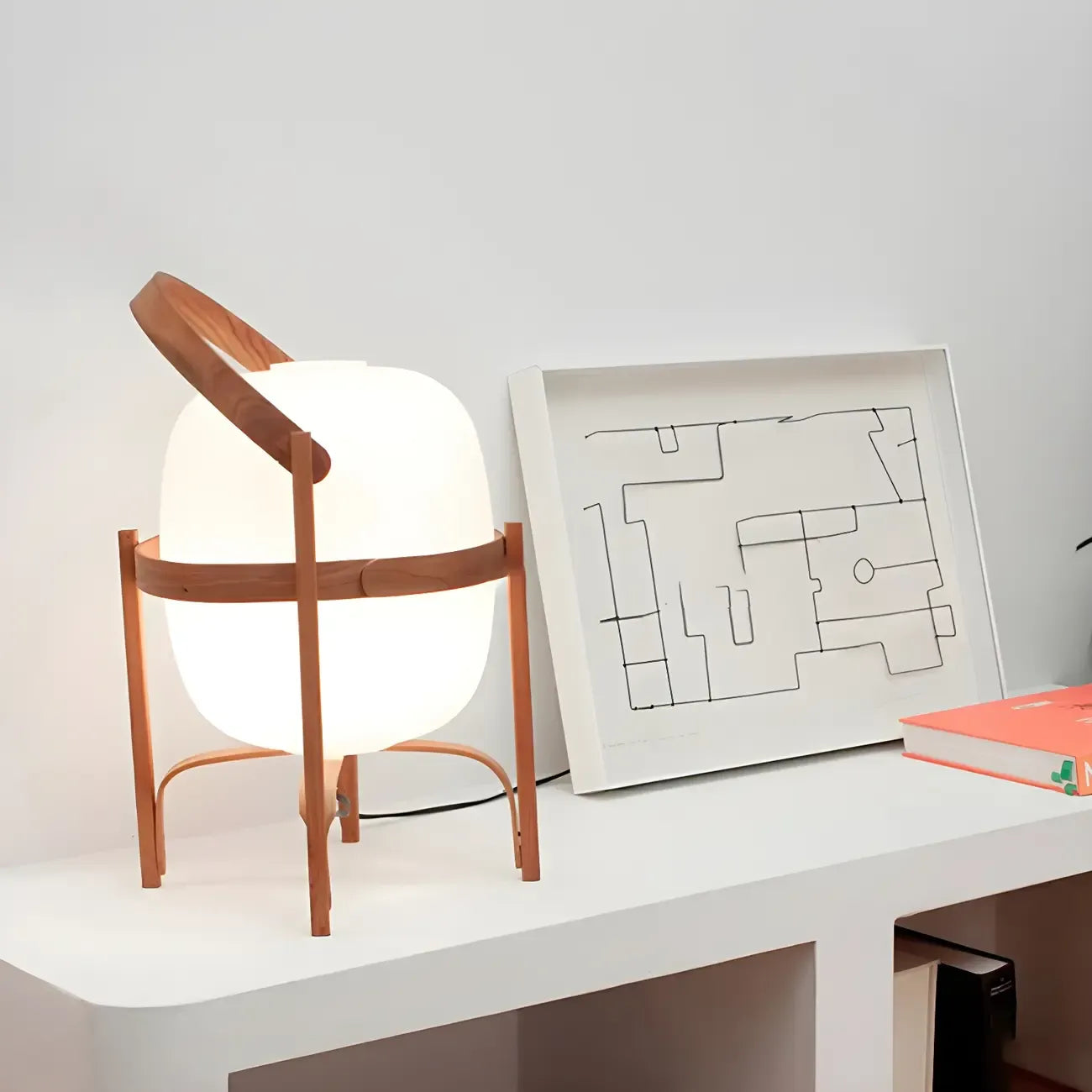 Geometric Plug In Wood Frame LED Table Lamp for Bedroom