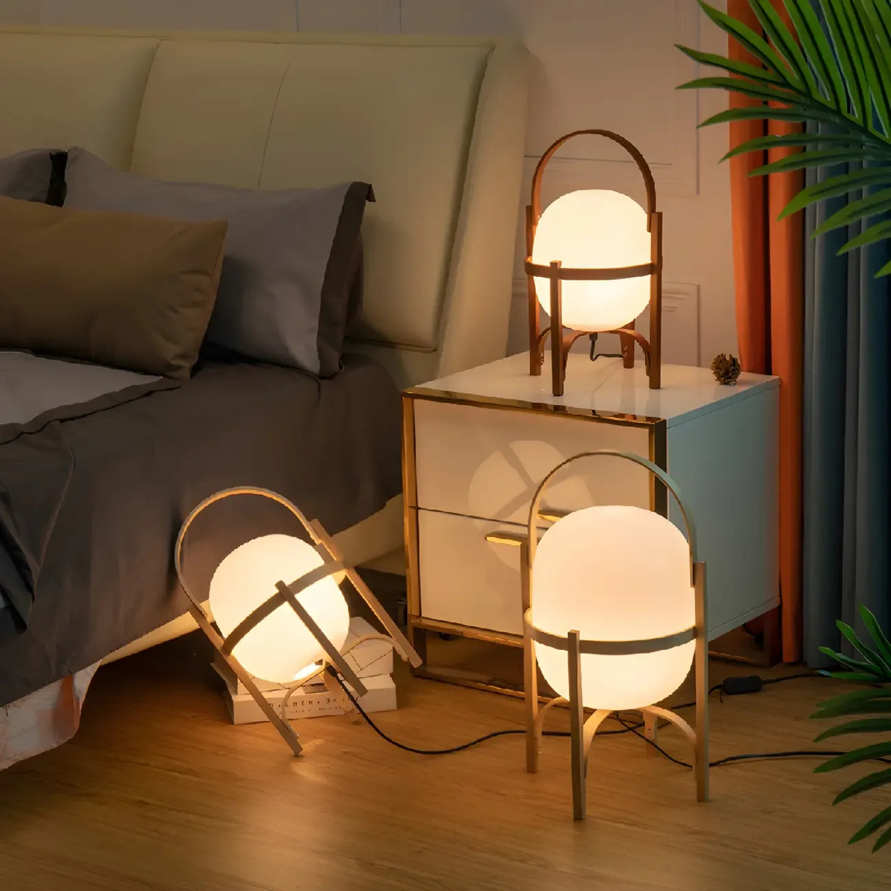 Geometric Plug In Wood Frame LED Table Lamp for Bedroom