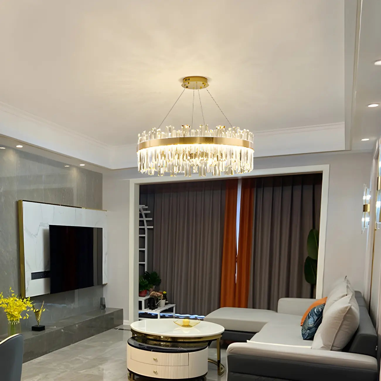 Glamorous Gold Round Crystal LED Chandelier for Living Room