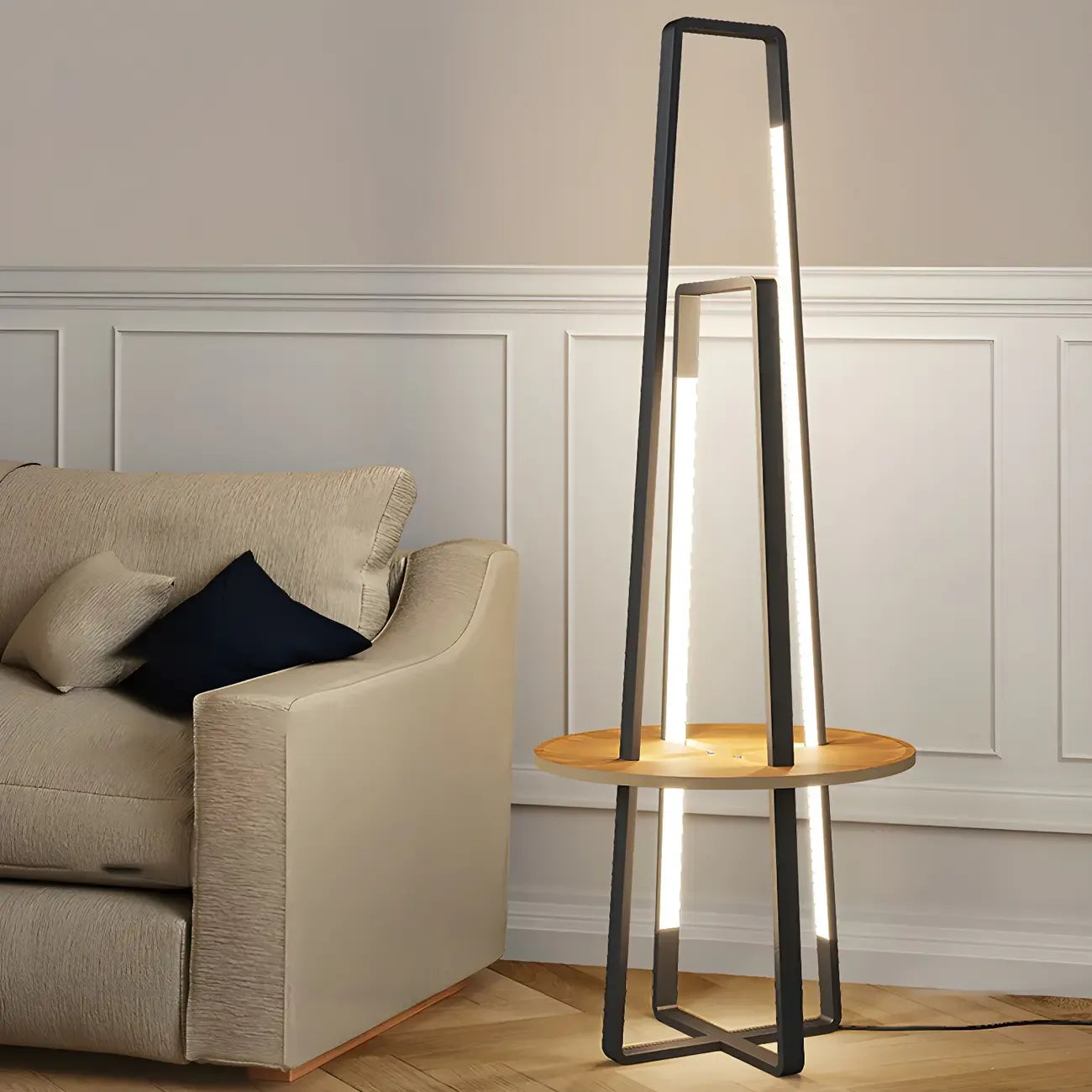 63Black Linear LED Floor Lamp with Shelf for Living Room