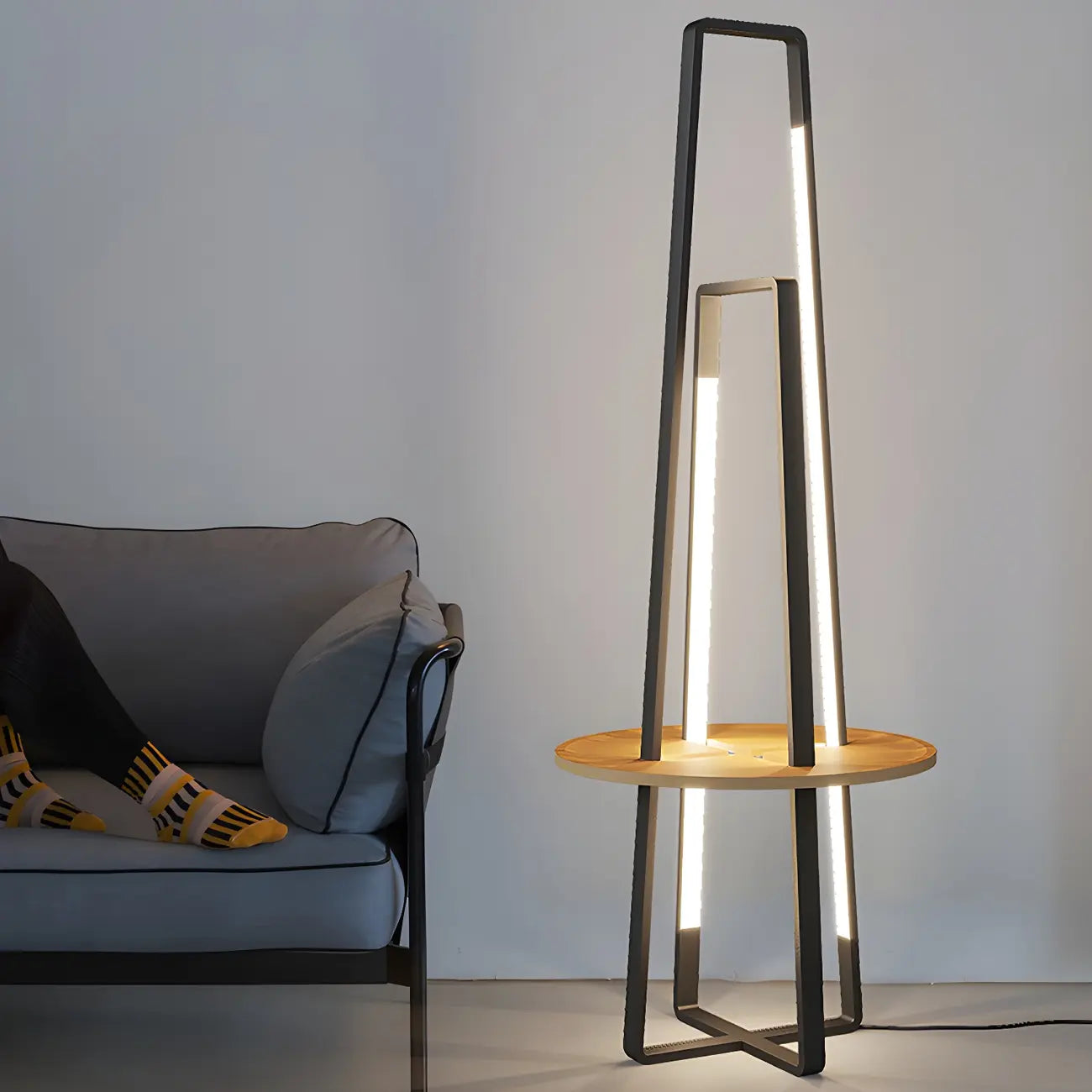 63Black Linear LED Floor Lamp with Shelf for Living Room