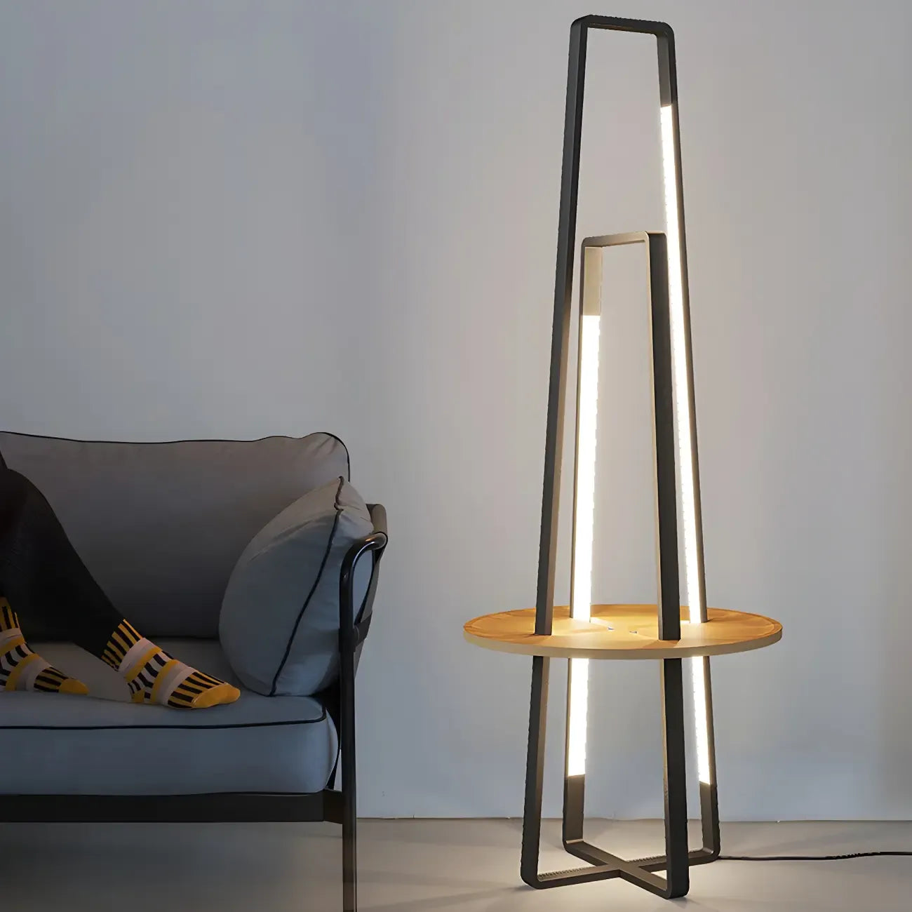 63Black Linear LED Floor Lamp with Shelf for Living Room