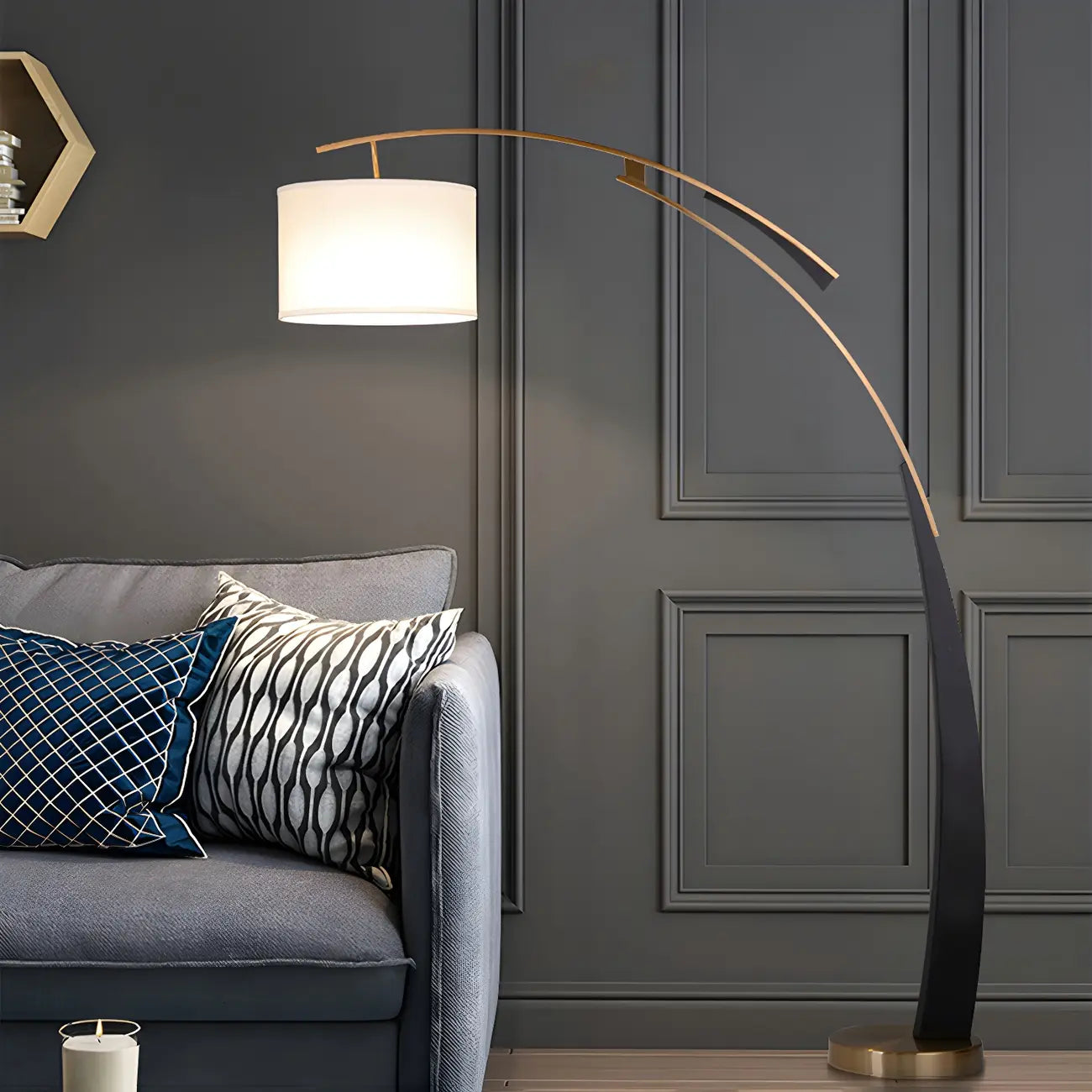 Arm Adjustable Arc Floor Lamp with Drum Shade for Living Room