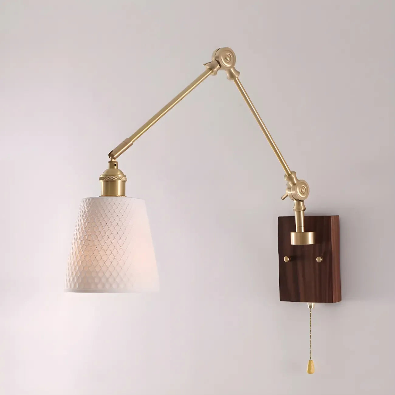 Vintage Wood Base Brass Metal Swing Arm Wall Light
