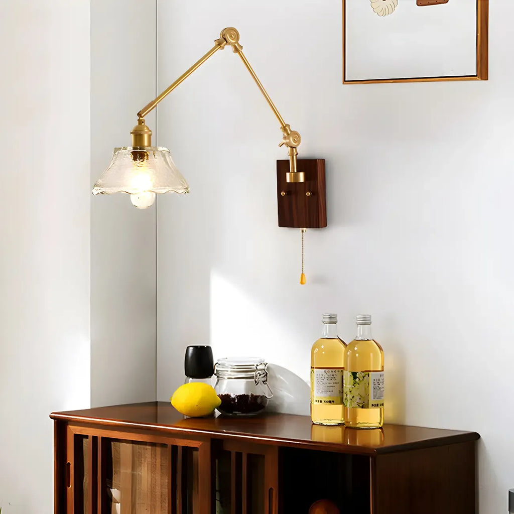 Vintage Wood Base Brass Metal Swing Arm Wall Light