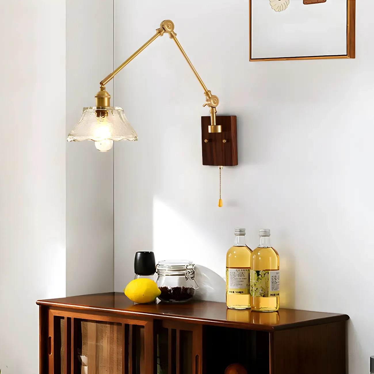 Vintage Wood Base Brass Metal Swing Arm Wall Light