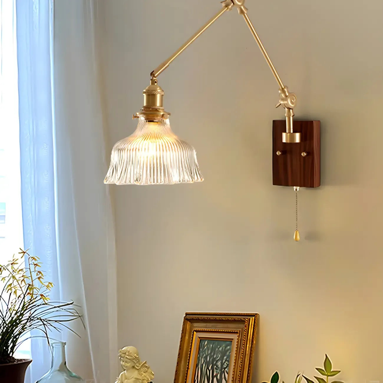 Vintage Wood Base Brass Metal Swing Arm Wall Light